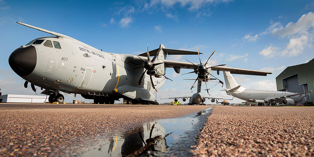 A static display of RAF Brize Norton based aircraft. Atlas in the foreground, Voyager in the middleground and Globemaster in the background.